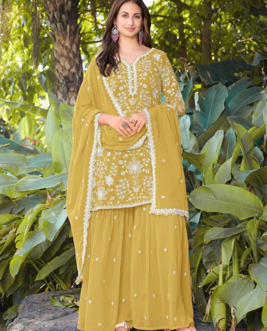 YELLOW - Graceful Yellow Bead Embroidery Georgette Haldi Wear Palazzo Suit